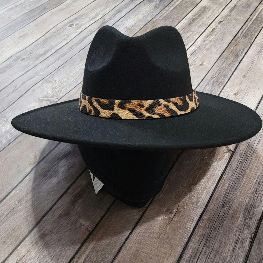 Black Leopard Print Fedora Paloma Wide Brim Hat - Picture 6 of 7